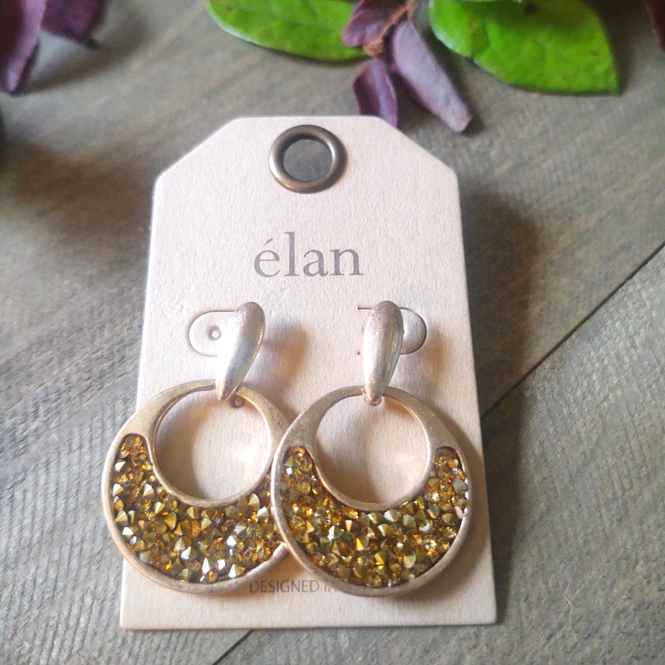 Metal Crystal Encrusted Round Dangle Post Earrings. Worn Gold, Topaz.